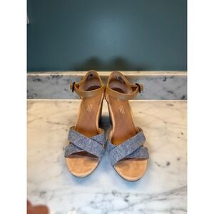 TOMS Women's Sienna Cork Wedge w Tan Faux Leather & Chambray‎ Blue Straps Sz 10